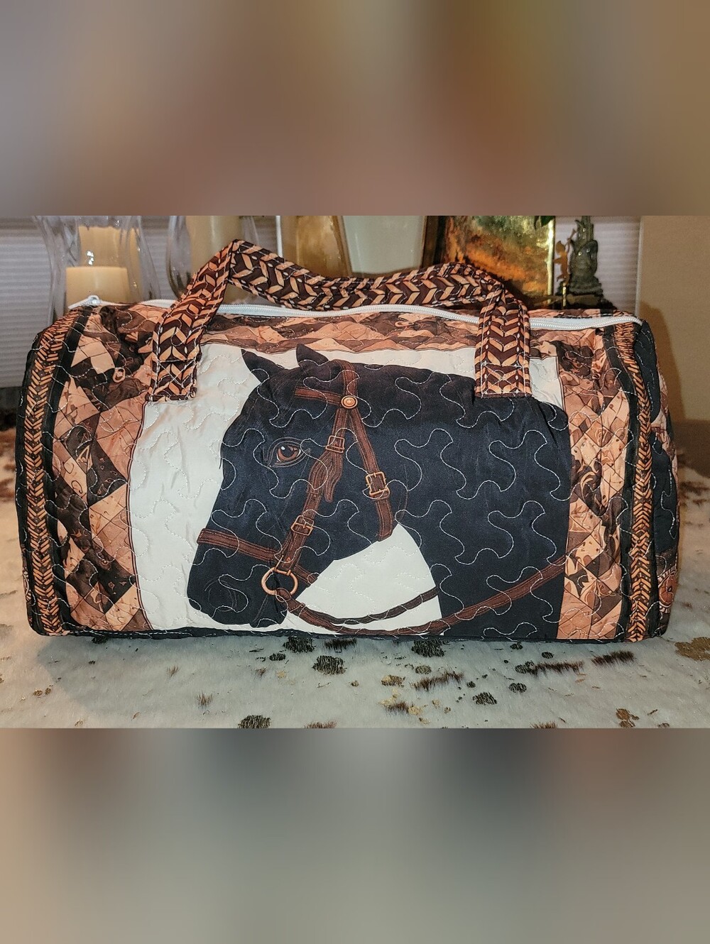 Retro Horse Print Quilted Horse-Print Duffle Bag